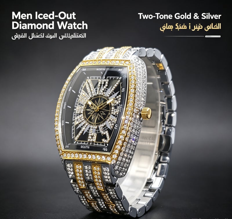 MISS FOX Men Iced-Out Full Diamond Quartz Watch, Gold Tonneau Barrel Shape Black Compass Hollow Dial, Stainless Steel Rhinestone Wrist Watch for Party Business Gift` - Image 2