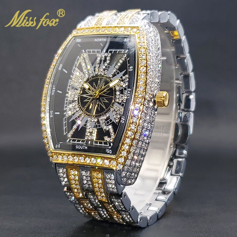 MISS FOX Men Iced-Out Full Diamond Quartz Watch, Gold Tonneau Barrel Shape Black Compass Hollow Dial, Stainless Steel Rhinestone Wrist Watch for Party Business Gift` - Image 1