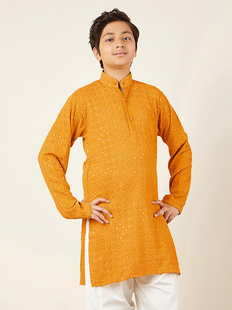 AJ DEZINES Kids Cotton Full Sleeve Sequined Yellow Kurta for Boys - Ethnic wear | Special Occasion & Party Outfit | Chikankari Kurta for Boys - Regular Fit - Image 4
