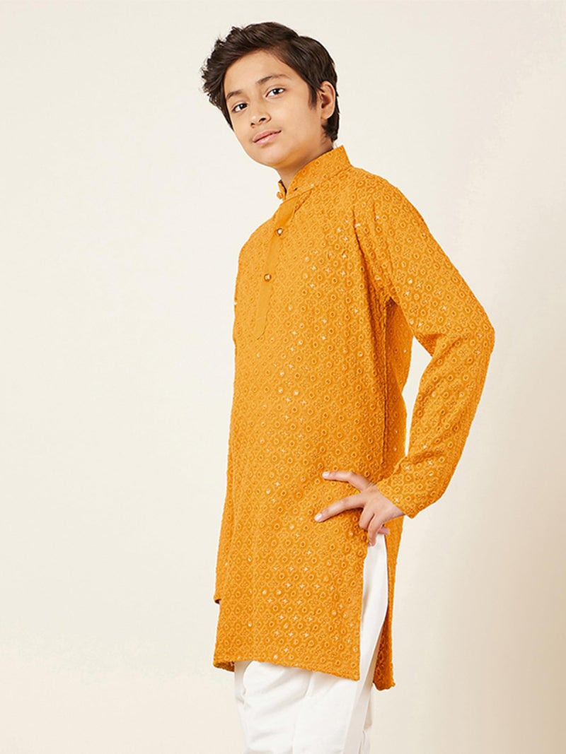 AJ DEZINES Kids Cotton Full Sleeve Sequined Yellow Kurta for Boys - Ethnic wear | Special Occasion & Party Outfit | Chikankari Kurta for Boys - Regular Fit - Image 5