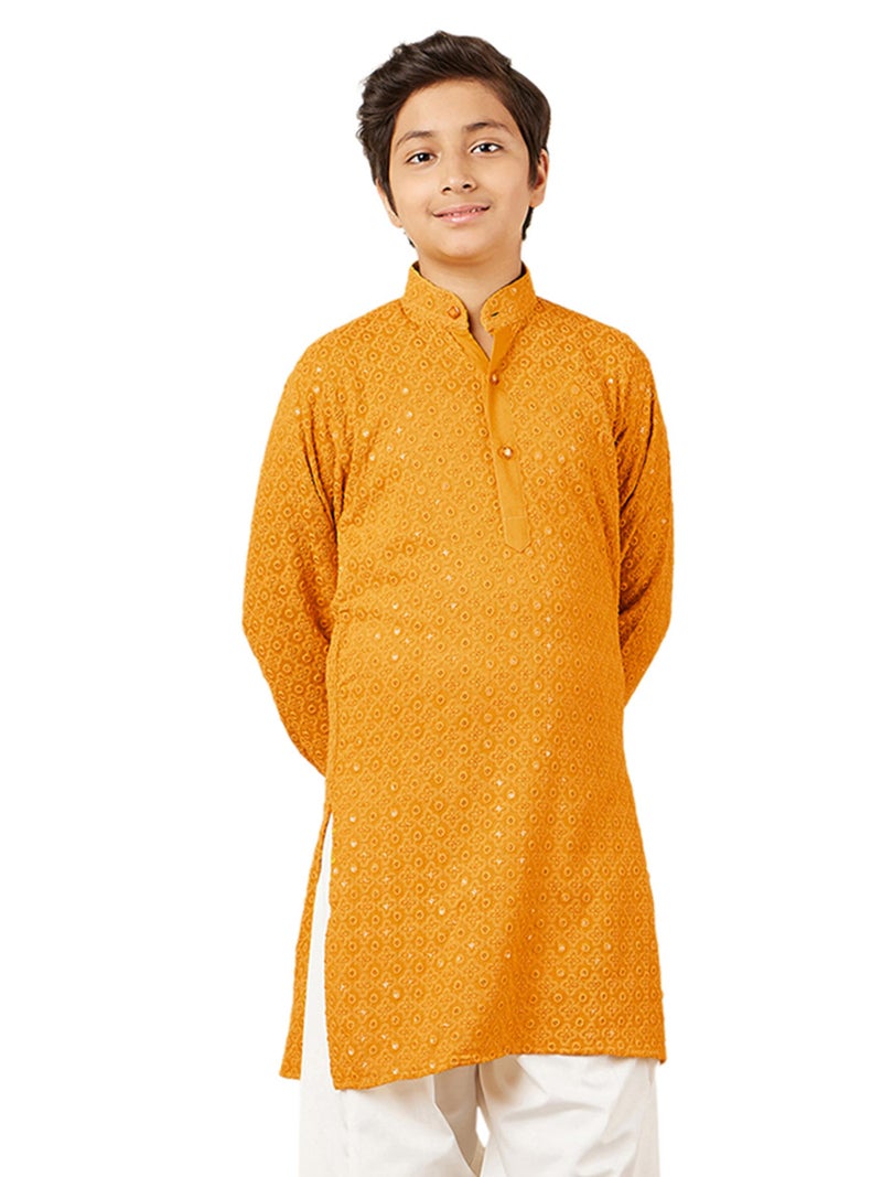 AJ DEZINES Kids Cotton Full Sleeve Sequined Yellow Kurta for Boys - Ethnic wear | Special Occasion & Party Outfit | Chikankari Kurta for Boys - Regular Fit - Image 1