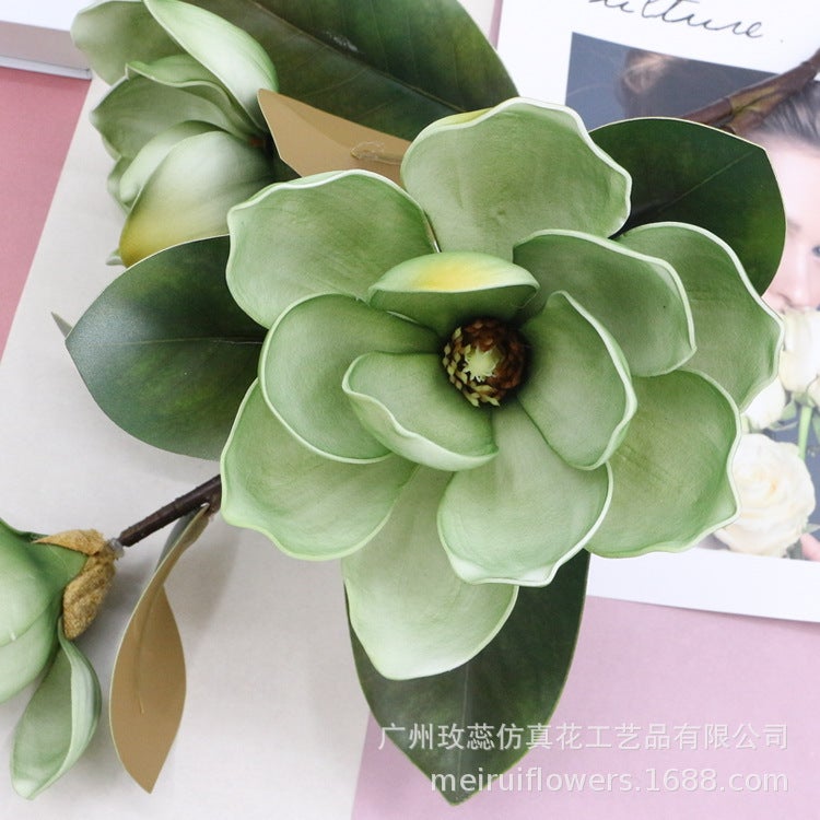 Generic Simulation Magnolia Flower Branches Wedding Flower Arrange Home Decoration Display Single Magnolia Flower New Hand Feel 3 Magnolia Flower Green 