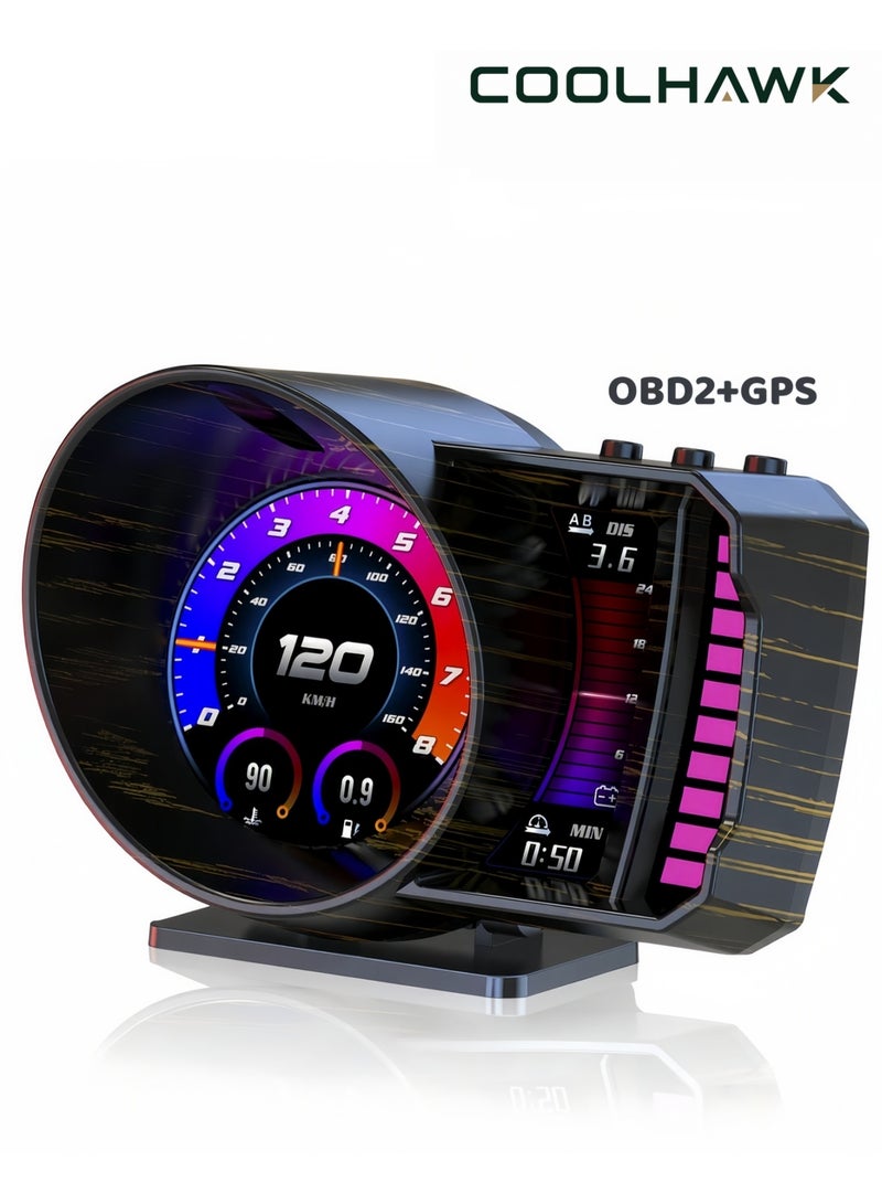 COOLHAWK Car HUD Display - OBD2+GPS Speedometer, Gesture Control, Overspeed Alarm, RPM, Water Temperature, Voltage and  Turbo Pressure, for Car, SUV, Truck - Image 1