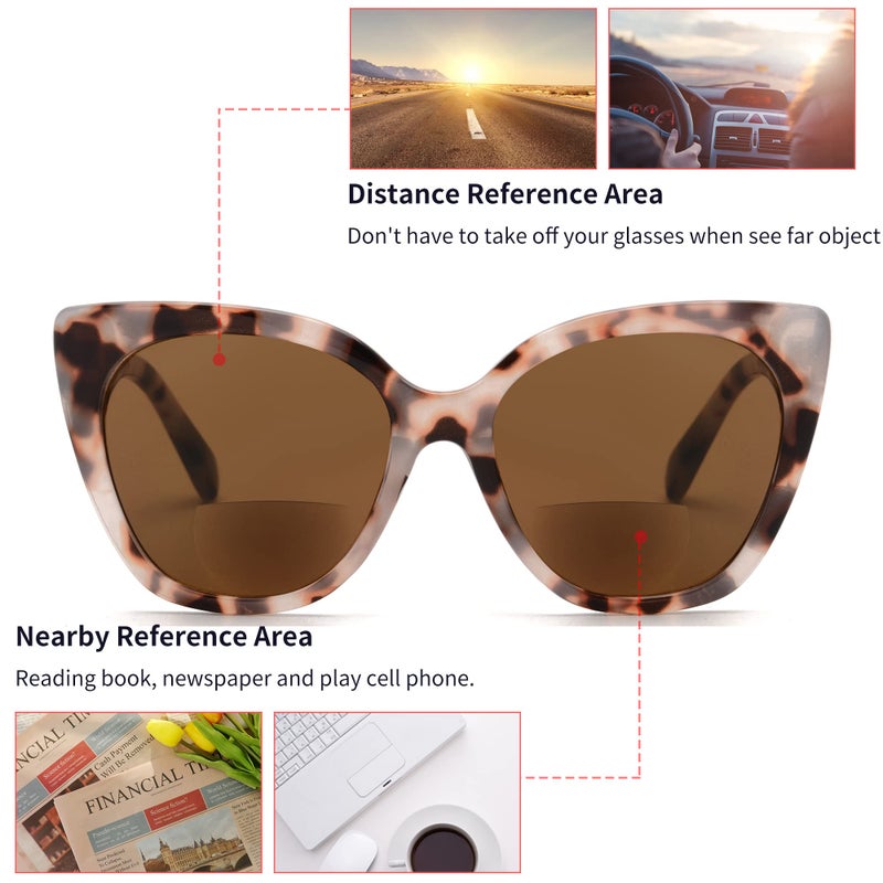 JM Classic Bifocal Reading Glasses Oversized Cateye Stylish Sunglasses Readers for Women Tortoise +2.0 - Image 4