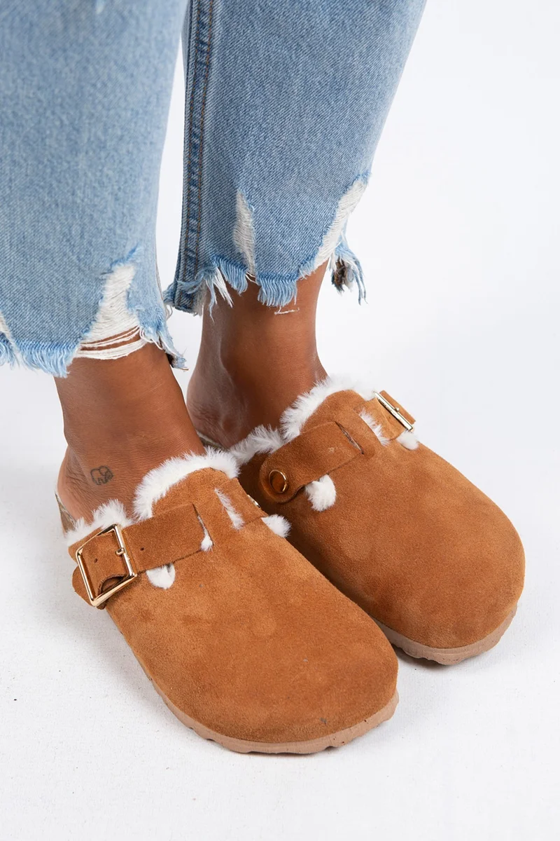 Manijero Manijero Zeta Women's Fur-Lined Genuine Leather Buckled Belted Fur-Lined Tan Suede Slippers