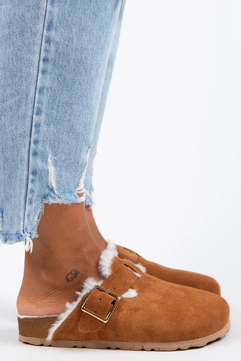 Manijero Manijero Zeta Women's Fur-Lined Genuine Leather Buckled Belted Fur-Lined Tan Suede Slippers