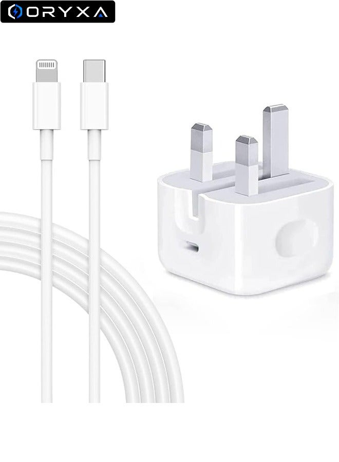 ORYXA 20W PD Fast Charger UK Plug with 2m USB C to Lightning Cable, Type C Wall Adapter Compatible with iPhone 14/14 Pro Max/13/12/11/XS/XR/iPad - White - Image 1