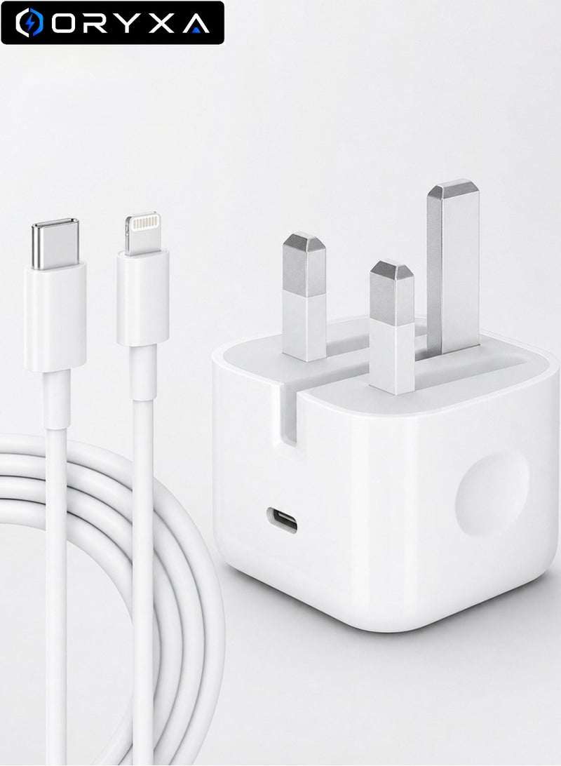 ORYXA 20W PD Fast Charger UK Plug with 2m USB C to Lightning Cable, Type C Wall Adapter Compatible with iPhone 14/14 Pro Max/13/12/11/XS/XR/iPad - White - Image 1