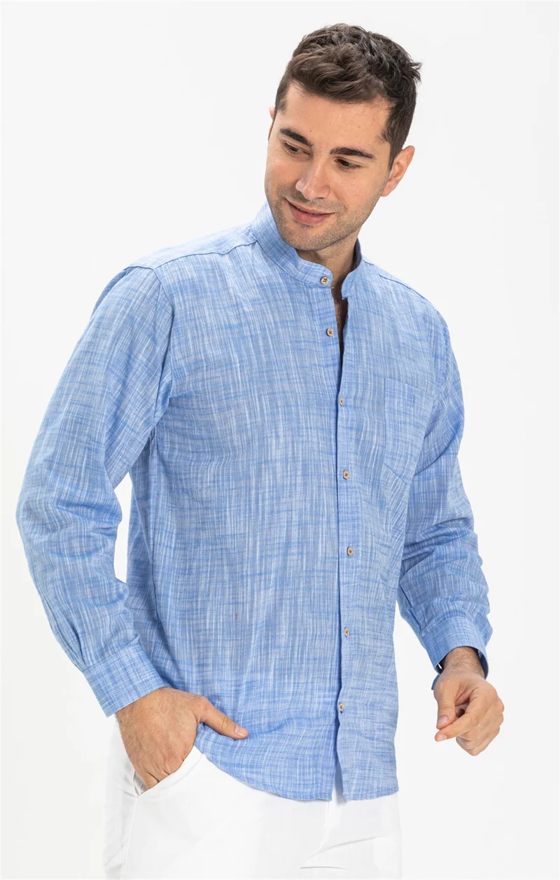 Eliş Şile Bezi Long Sleeve Şile Cloth Classic Collar Single Pocket Men's Shirt Blue Marbled 3077