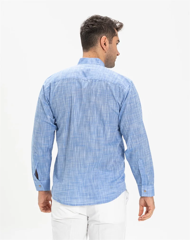 Eliş Şile Bezi Long Sleeve Şile Cloth Classic Collar Single Pocket Men's Shirt Blue Marbled 3077