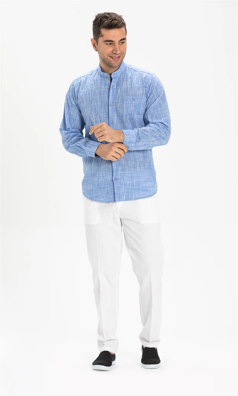 Eliş Şile Bezi Long Sleeve Şile Cloth Classic Collar Single Pocket Men's Shirt Blue Marbled 3077