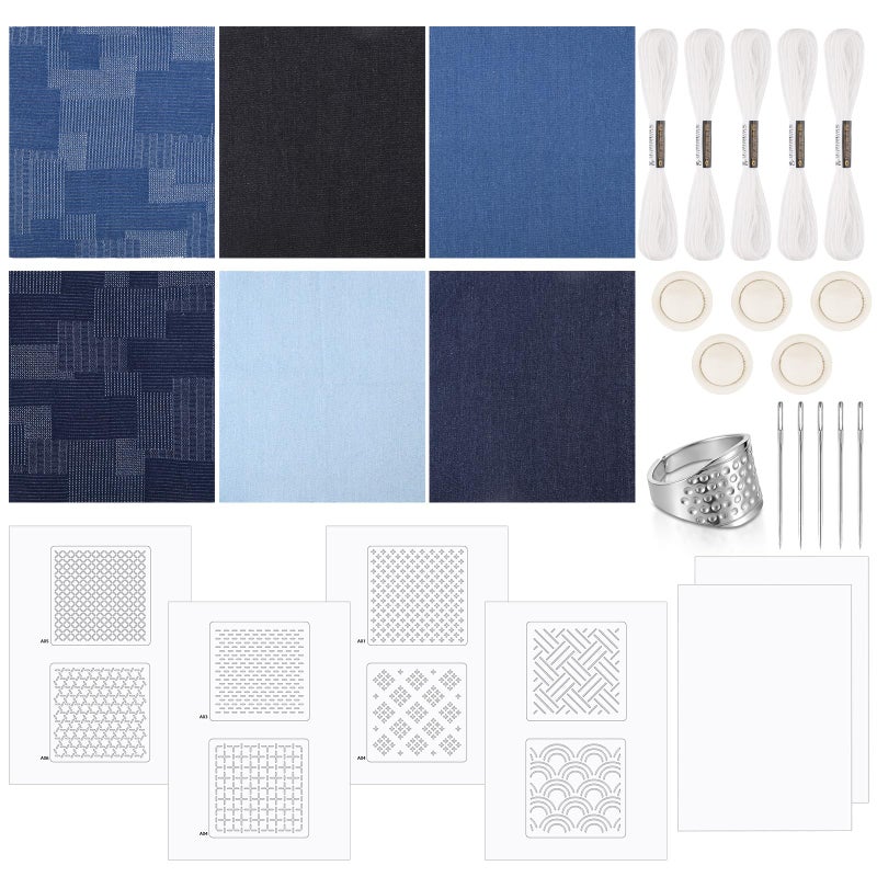 Booson 28 Pcs Sashiko Thread Kit Sashiko Needles Denim Fabric Embroidery Patterns Thimble Water Soluble Embroidery Kit for Sewing Hand Quilting Mending Supplies - Image 1