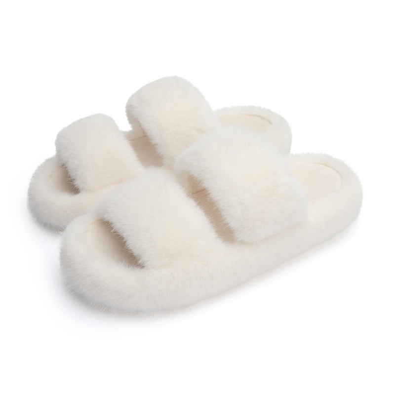 Chantomoo Women's Slippers Memory Foam Slippers for Women Fuzzy Comfy Faux Fur House Furry Indoor Open Two Bands Gift Slippers Beige Size 9 10 8.5 - Image 1