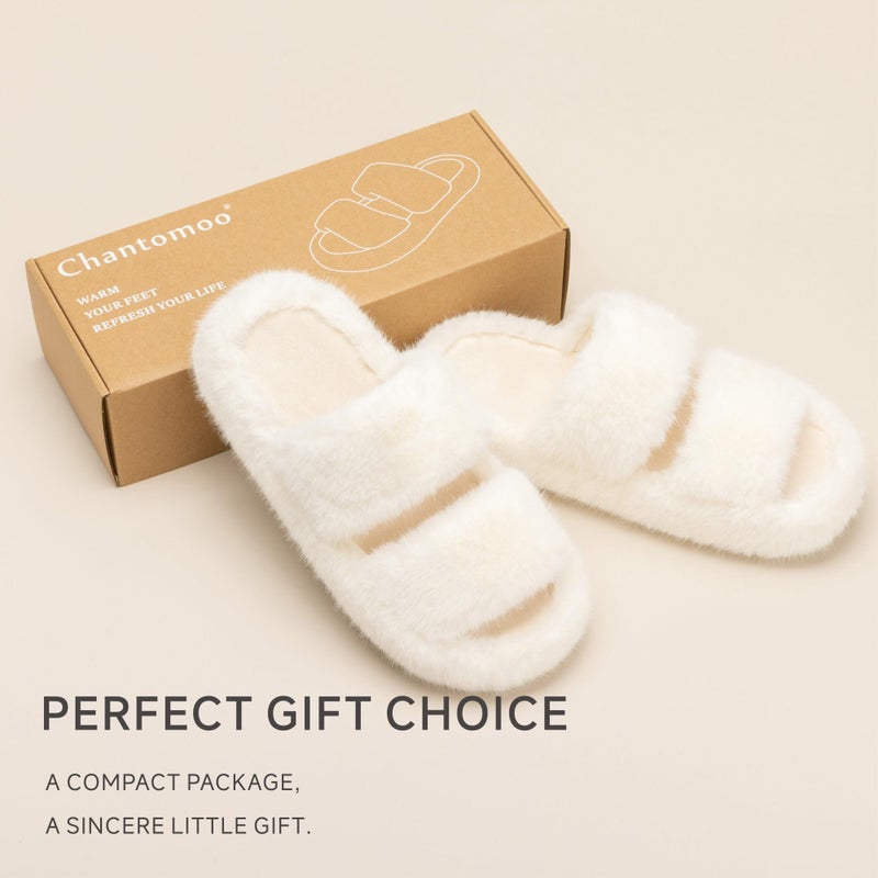 Chantomoo Women's Slippers Memory Foam Slippers for Women Fuzzy Comfy Faux Fur House Furry Indoor Open Two Bands Gift Slippers Beige Size 9 10 8.5 - Image 5