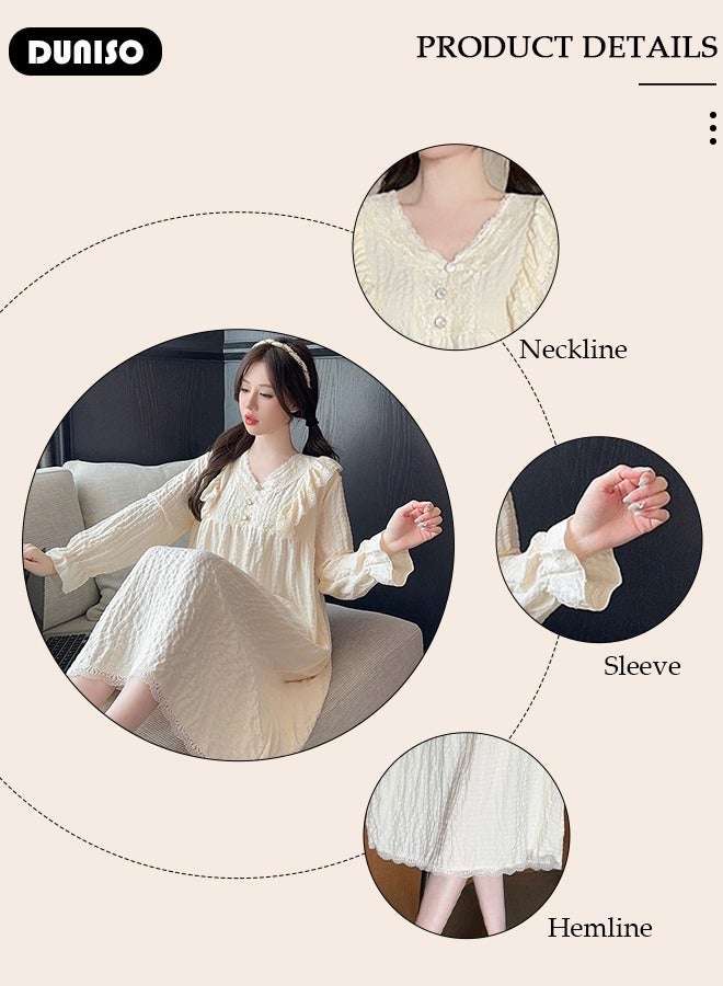 DUNISO Women's Long Sleeve Nightgown, Soft Comfortable Cotton Sleepwear Dress for Pregnant Woman, V Neck Home Wear with Lace Edge, Lounge Dress for Can Be Worn Outside - Image 2