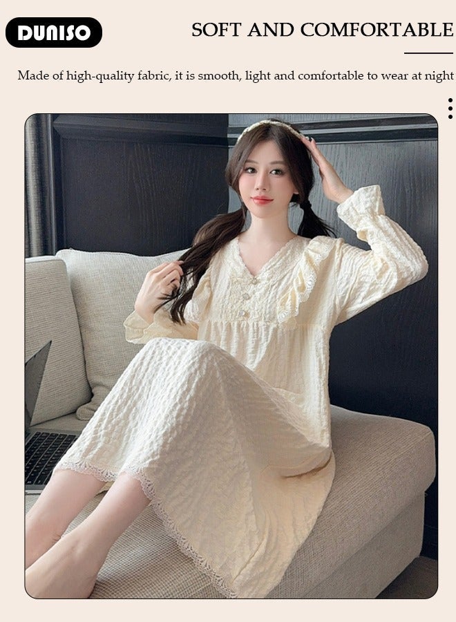 DUNISO Women's Long Sleeve Nightgown, Soft Comfortable Cotton Sleepwear Dress for Pregnant Woman, V Neck Home Wear with Lace Edge, Lounge Dress for Can Be Worn Outside - Image 3