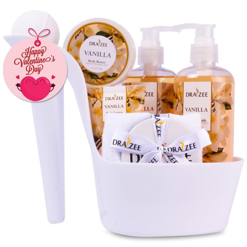 Valentine's Day Gifts for Women - Vanilla Scented Bath and Body Set of 6-Piece Heel Shoe Spa Basket with Body Lotion, Butter, Shower Gel, Bubble Bath, Puff - Gift for Her, Mom, Girlfriend by Draizee