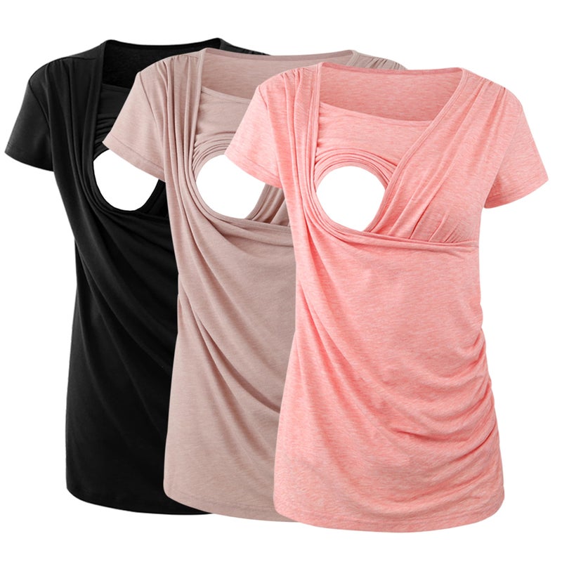 Ecavus 3PCS Women's Maternity Nursing Tops for Breastfeeding Short Sleeve Side Ruched Nursing Shirts - Image 1