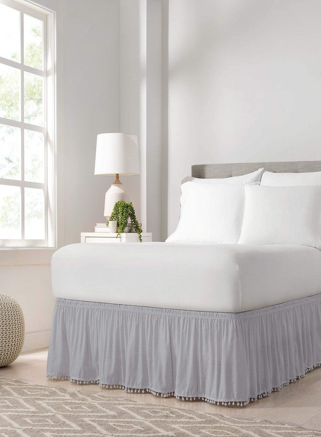 EASY FIT Pom Pom Elastic Wrap Around Bed Skirt, Easy On/Off Dust Ruffle (18 Inch Drop), Twin/Full, Grey - Image 1