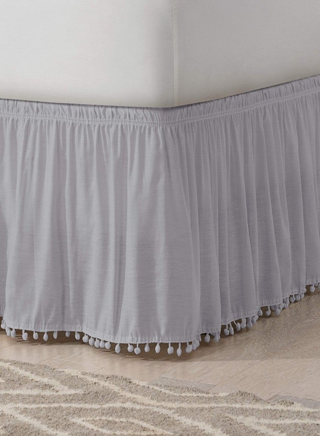 EASY FIT Pom Pom Elastic Wrap Around Bed Skirt, Easy On/Off Dust Ruffle (18 Inch Drop), Twin/Full, Grey - Image 2