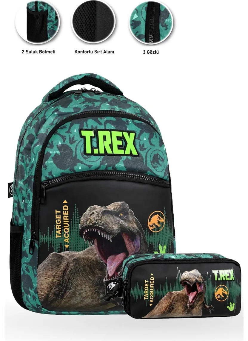 Masho Trend 3 Compartment Target Trex School Bag + Pencil Case - Dino Bag Primary School Bag Boys School Bag