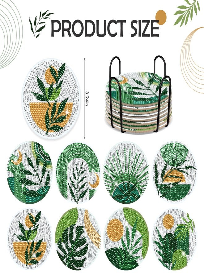 INCOK Boho Diamond Art Coasters - 8 Pcs DIY Green Plant Diamond Painting Coasters Kits with Holder for Drinks Coffee Aesthetic Gem Art Crafts Supplies Birthday Easter Gift for Beginners Adults - Image 2