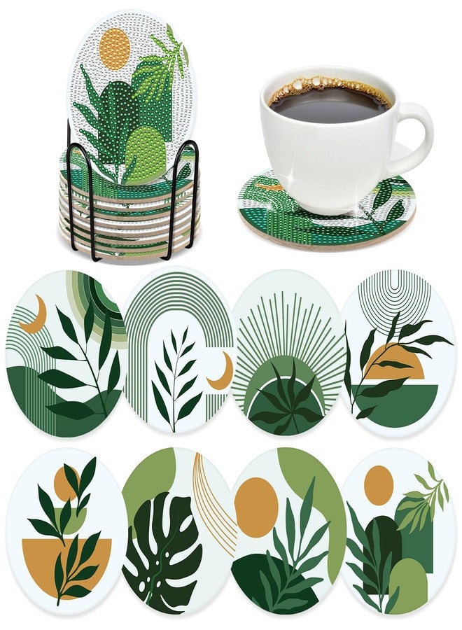 INCOK Boho Diamond Art Coasters - 8 Pcs DIY Green Plant Diamond Painting Coasters Kits with Holder for Drinks Coffee Aesthetic Gem Art Crafts Supplies Birthday Easter Gift for Beginners Adults - Image 1
