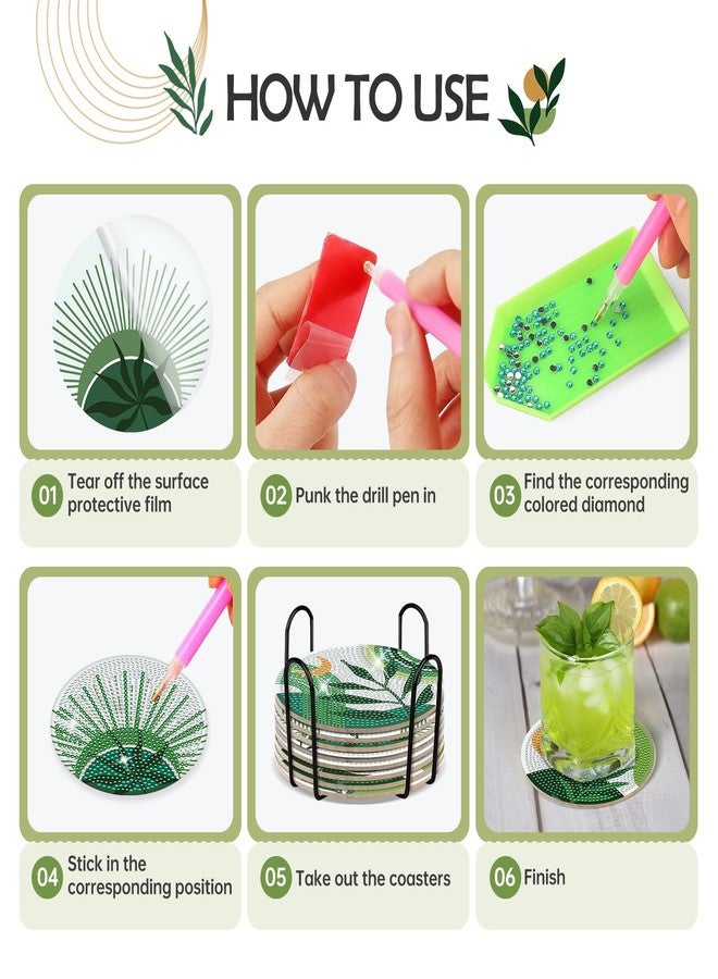 INCOK Boho Diamond Art Coasters - 8 Pcs DIY Green Plant Diamond Painting Coasters Kits with Holder for Drinks Coffee Aesthetic Gem Art Crafts Supplies Birthday Easter Gift for Beginners Adults - Image 3