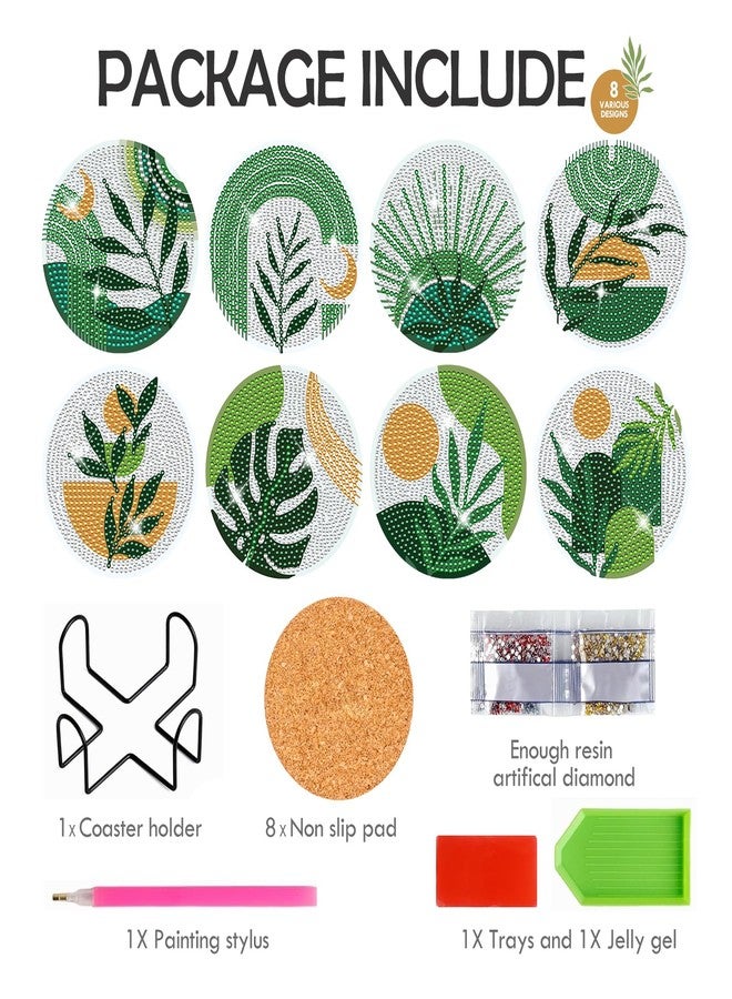 INCOK Boho Diamond Art Coasters - 8 Pcs DIY Green Plant Diamond Painting Coasters Kits with Holder for Drinks Coffee Aesthetic Gem Art Crafts Supplies Birthday Easter Gift for Beginners Adults - Image 4