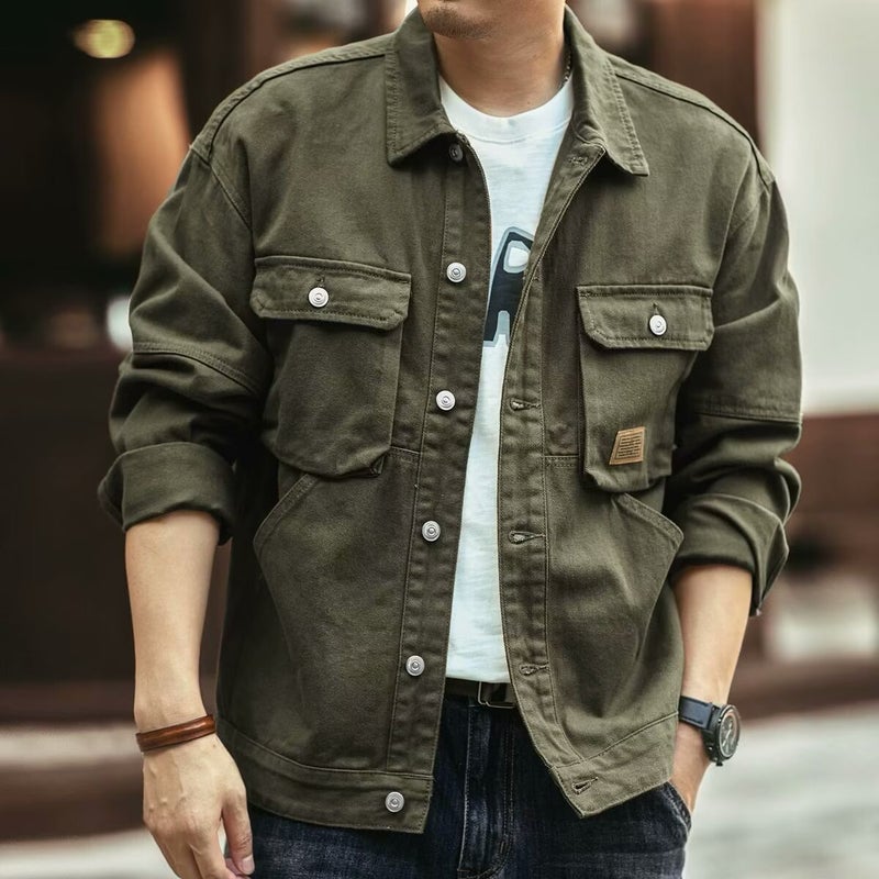 Retro Collared Jacket Men Spring Autumn Casual Multi-Pocket Brown yellow - Image 3
