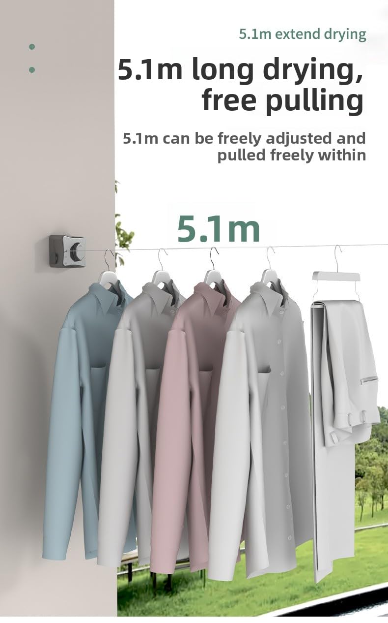 ZEBROC Retractable Clothesline for Balcony Indoor Outdoor | 5.1m Adjustable Single Line Laundry Drying Rope with Tighten & Lock System, Self Adhesive or Screw Mount (Single Line Telescopic White) - Image 2
