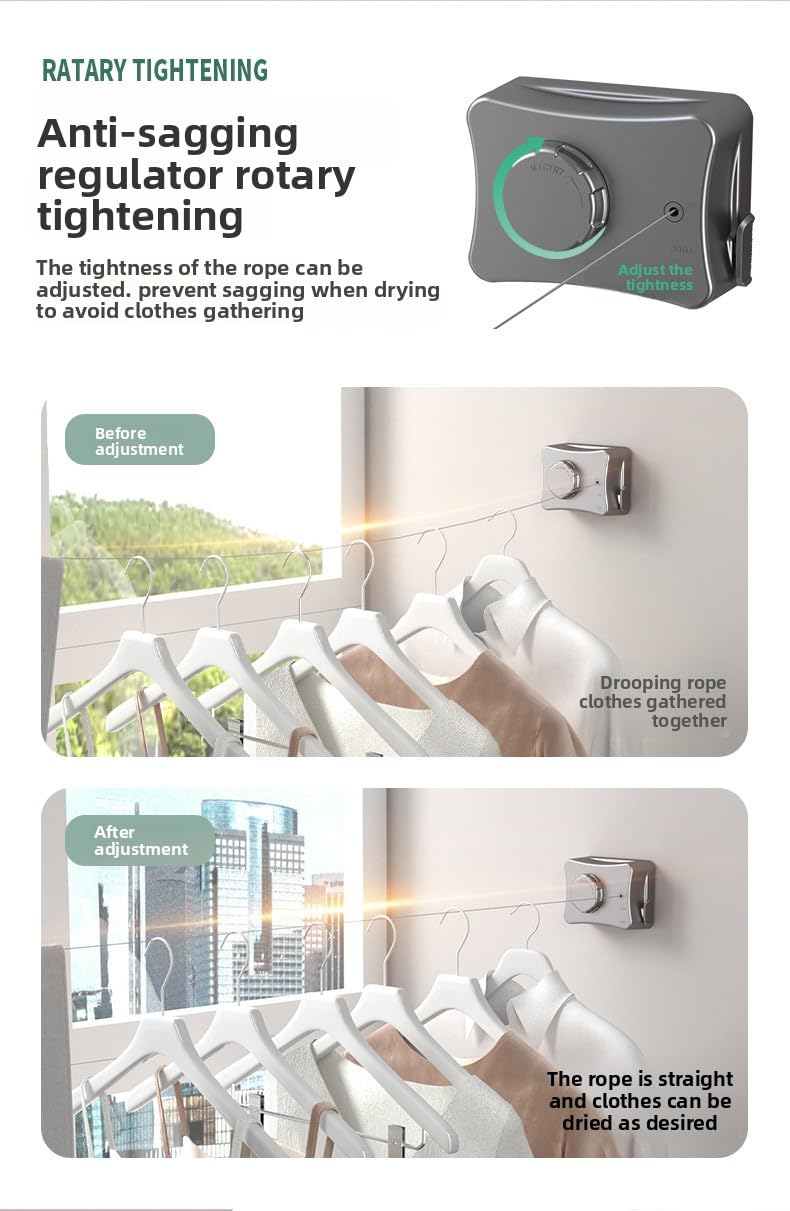 ZEBROC Retractable Clothesline for Balcony Indoor Outdoor | 5.1m Adjustable Single Line Laundry Drying Rope with Tighten & Lock System, Self Adhesive or Screw Mount (Single Line Telescopic White) - Image 5
