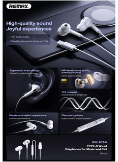 REMAX RM575a Wired Earphones with Type C Connector, In-ear, Built-in Microphone & Volume Control for Music and Call, White, USB C  - Image 2