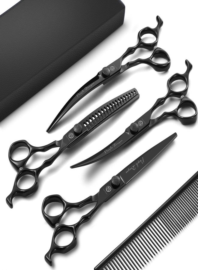 Purple Dragon Dog Grooming Scissors Set - Curved Chunkers, Straight, Up & Down Curved Scissors and Comb, 7 Inch Black Shears with Adjustable Screw for Dogs and Cats - Image 1