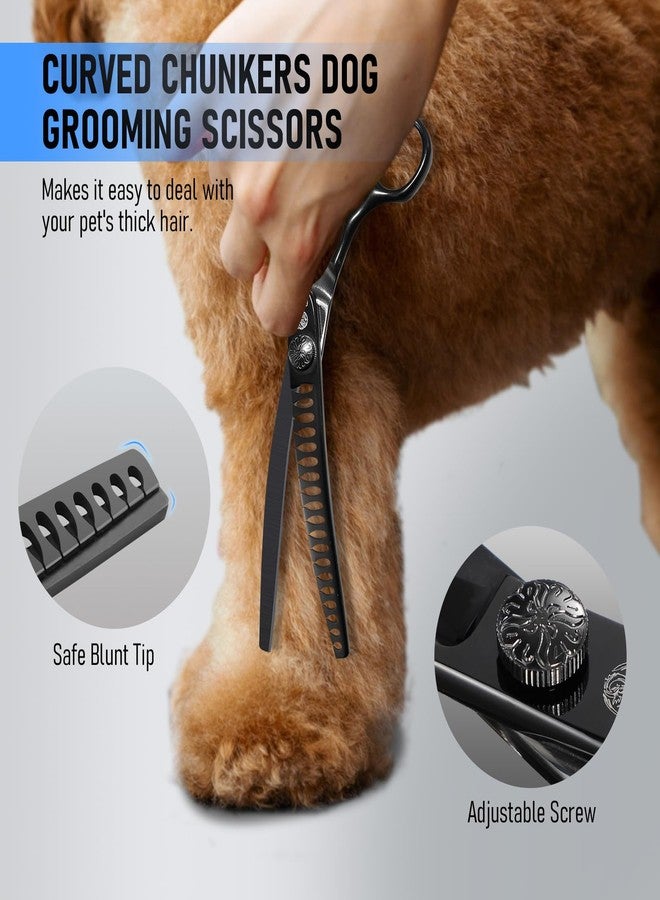 Purple Dragon Dog Grooming Scissors Set - Curved Chunkers, Straight, Up & Down Curved Scissors and Comb, 7 Inch Black Shears with Adjustable Screw for Dogs and Cats - Image 2