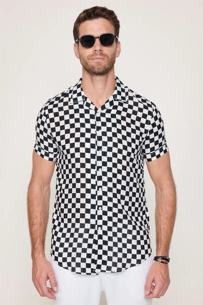 تودورس Slim Fit Narrow Cut Open Collar Viscose Short Sleeve Men's Sports Shirt