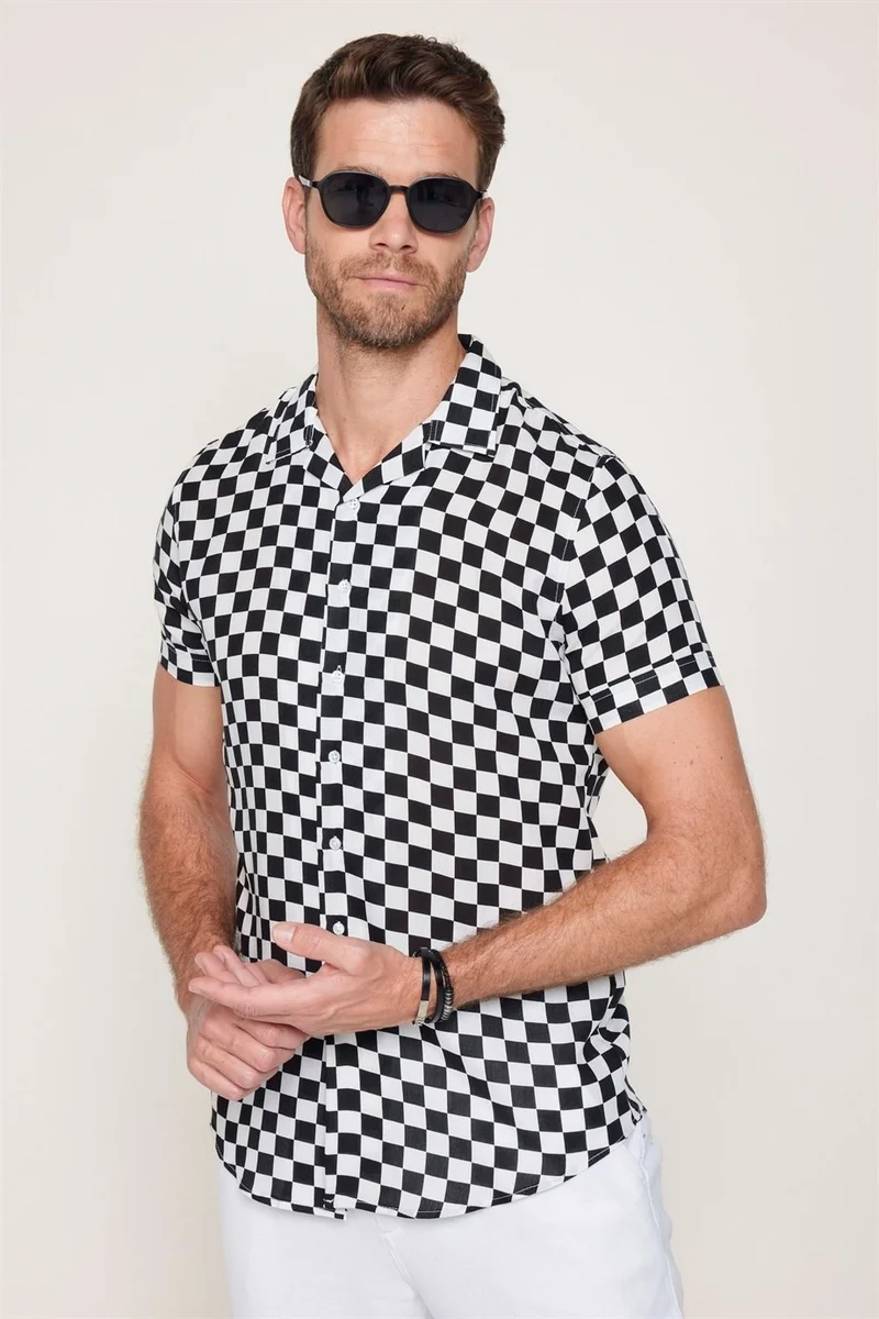 تودورس Slim Fit Narrow Cut Open Collar Viscose Short Sleeve Men's Sports Shirt