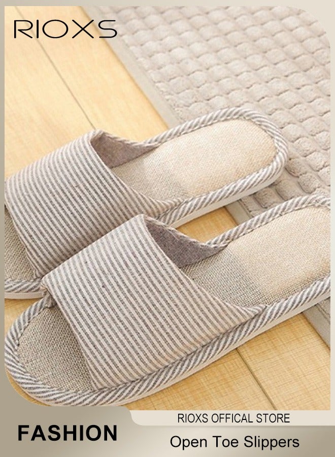 RIOXS Couple Slippers,Striped Cotton Open Toe Slippers For Men And Women,Unisex Anti-Slip Flat Sandal Slippers,Soft Breathable Linen Slippers,Open Toe Slippers For House/ Bedroom/ Living Room/ Indoor And Outdoor Use - Image 4