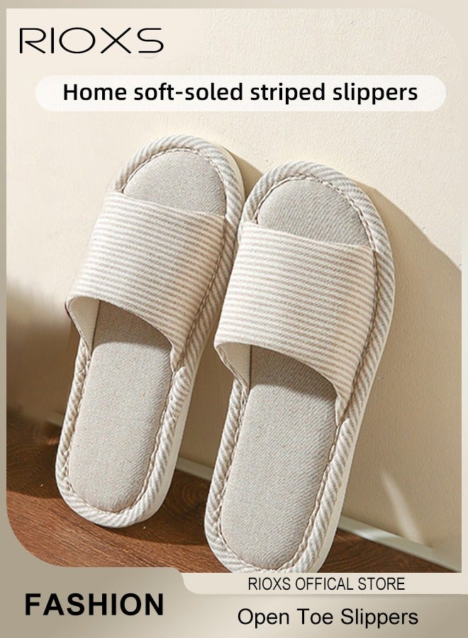 RIOXS Couple Slippers,Striped Cotton Open Toe Slippers For Men And Women,Unisex Anti-Slip Flat Sandal Slippers,Soft Breathable Linen Slippers,Open Toe Slippers For House/ Bedroom/ Living Room/ Indoor And Outdoor Use - Image 2