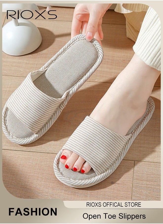 RIOXS Couple Slippers,Striped Cotton Open Toe Slippers For Men And Women,Unisex Anti-Slip Flat Sandal Slippers,Soft Breathable Linen Slippers,Open Toe Slippers For House/ Bedroom/ Living Room/ Indoor And Outdoor Use  - Image 1