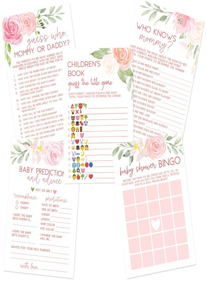 Printed Party Baby Shower Games for Girl - 5 Games & Activities, Baby in Bloom Floral Theme, 50 Guests - Image 1