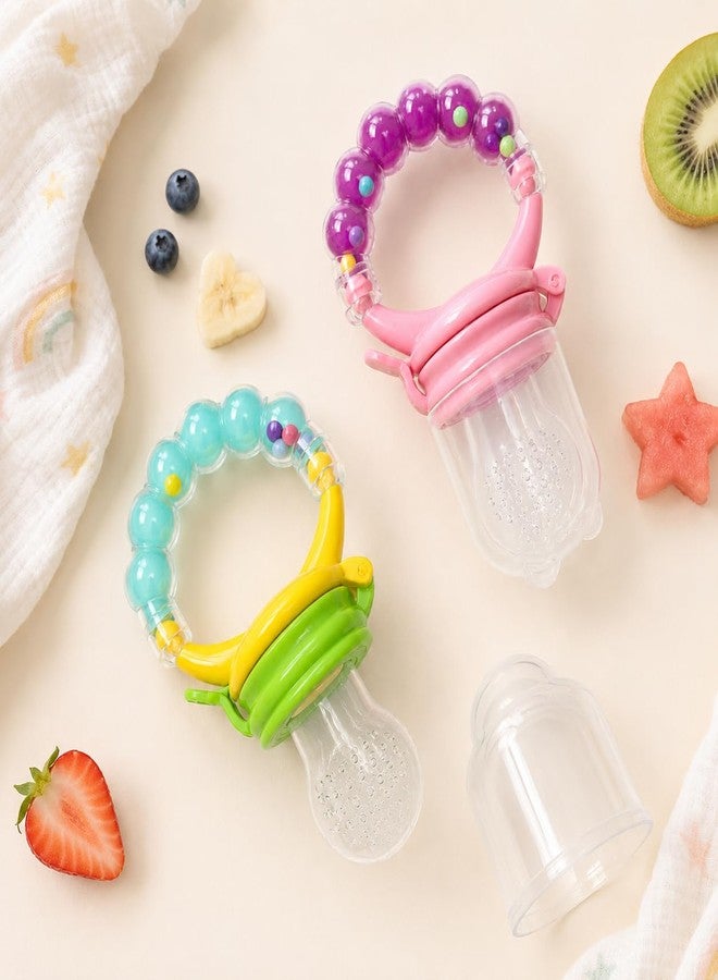NVS KIDS Baby Fruit Nibbler Feeder with Rattle Handle, Silicone Juicer Food Pouch for 6 to 12 Months, Teether for Baby 3 to 6 Months, Self Feeding Essential with Protective Cap, Pack of 2 - Image 2
