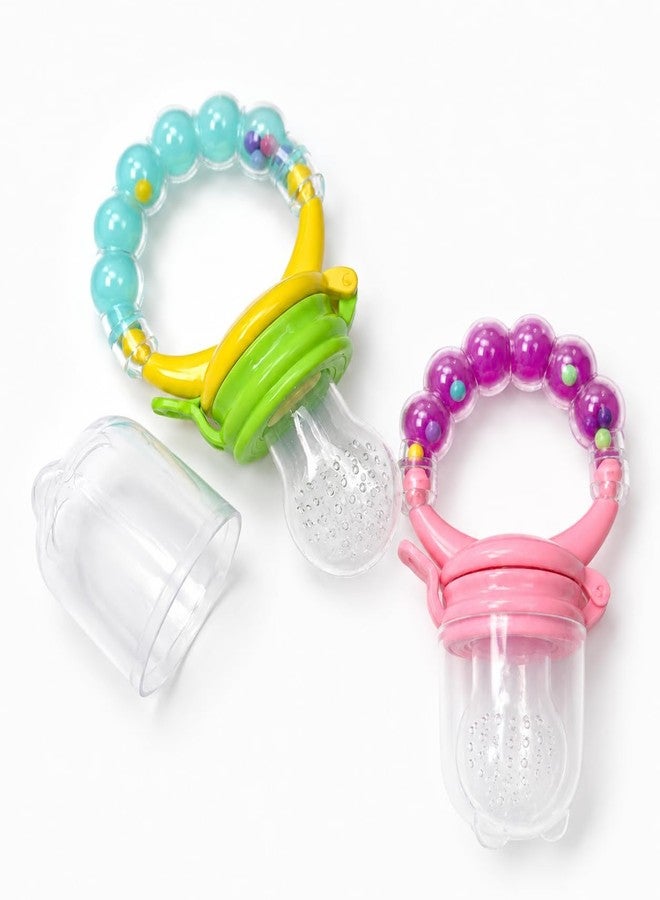 NVS KIDS Baby Fruit Nibbler Feeder with Rattle Handle, Silicone Juicer Food Pouch for 6 to 12 Months, Teether for Baby 3 to 6 Months, Self Feeding Essential with Protective Cap, Pack of 2 - Image 1