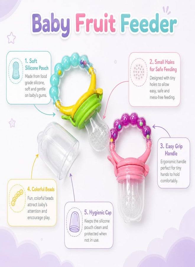 NVS KIDS Baby Fruit Nibbler Feeder with Rattle Handle, Silicone Juicer Food Pouch for 6 to 12 Months, Teether for Baby 3 to 6 Months, Self Feeding Essential with Protective Cap, Pack of 2 - Image 4