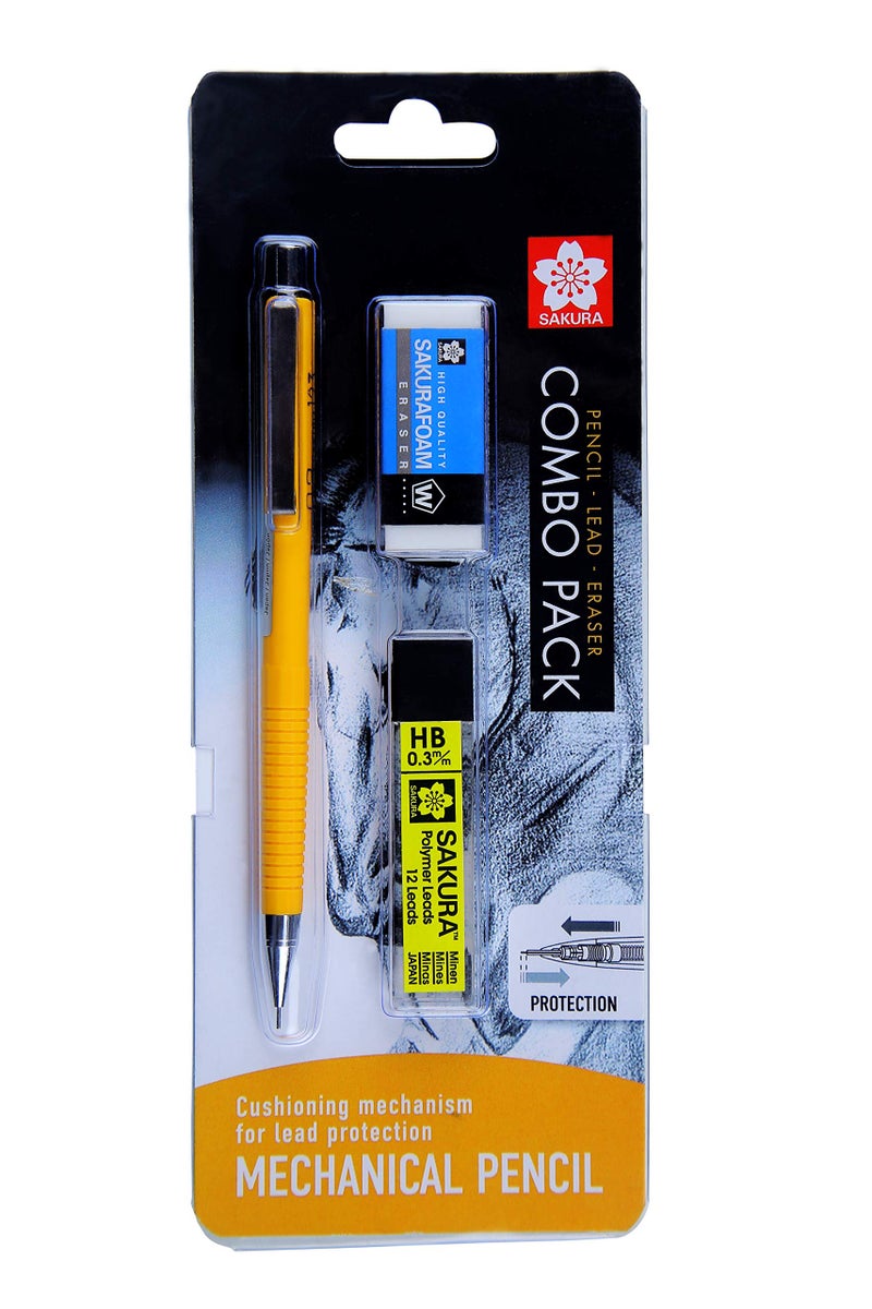 SAKURA Cushioning Point Mechanical Pencil Starter Set With Lead Refill, (Hb, 0.3) And Eraser, Ink black - Image 1