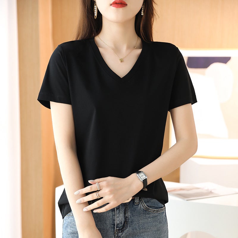 2025 summer new mercerized cotton short sleeve T-shirt womens V-neck womens clothing chicken heart collar jacket combed cotton clothing womens summer Black
