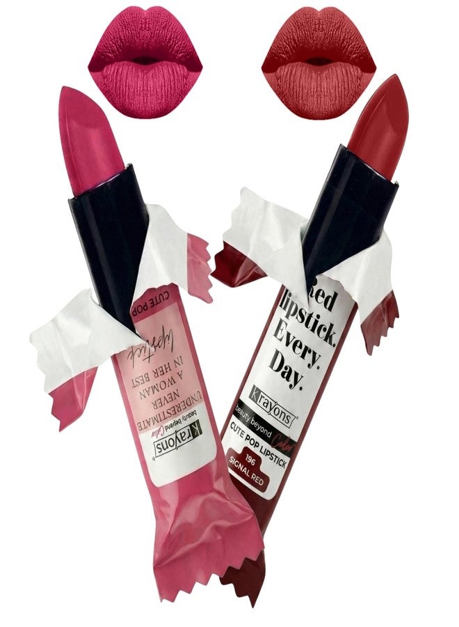 Krayons Cute Pop Matte Lipstick, Waterproof, Longlasting, 3.5gm Each (Pack of 2) (Angel Pink, Signal Red) - Image 1