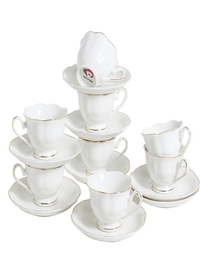 PRECITIME White Porcelain 75ml Demitasse Set of 8 (16-Piece) - 2.5oz Espresso Cups & Saucers, Elegant White & Gold Trim Coffee Set for Turkish Coffee, After Dinner, Gift Giving - Image 1