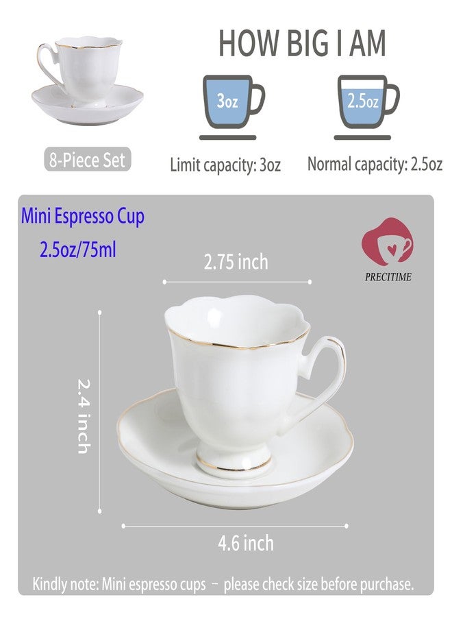 PRECITIME White Porcelain 75ml Demitasse Set of 8 (16-Piece) - 2.5oz Espresso Cups & Saucers, Elegant White & Gold Trim Coffee Set for Turkish Coffee, After Dinner, Gift Giving - Image 2