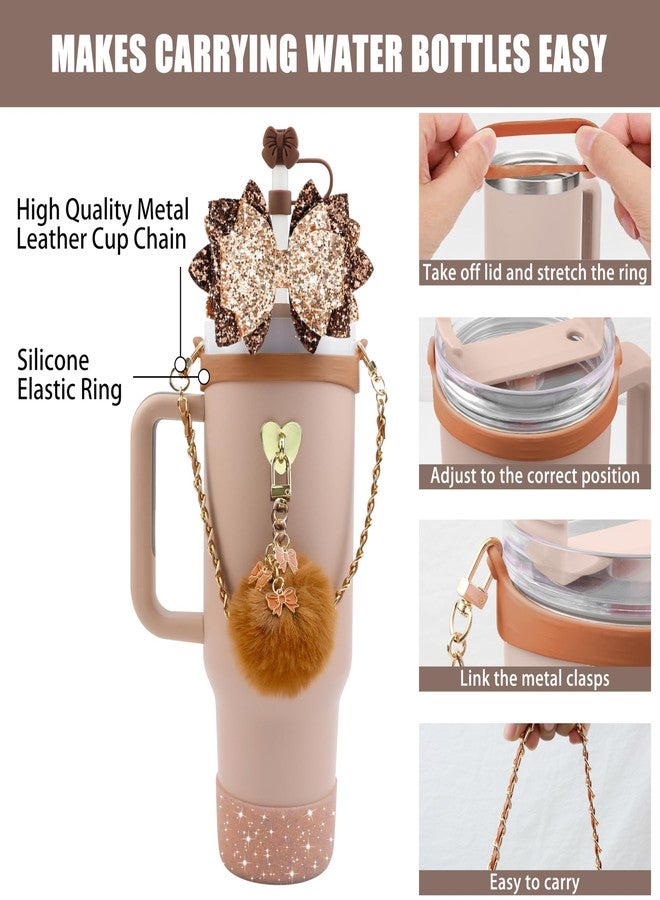 SEMATA Bling Accessories for Stanley Cup 40oz & 30oz Tumbler Including Silicone Cute Bow Straw Topper Cover, Silicone Boot for Stanley Cup,Leather Water Bottle Handle Strap, Charms(Brown) - Image 2
